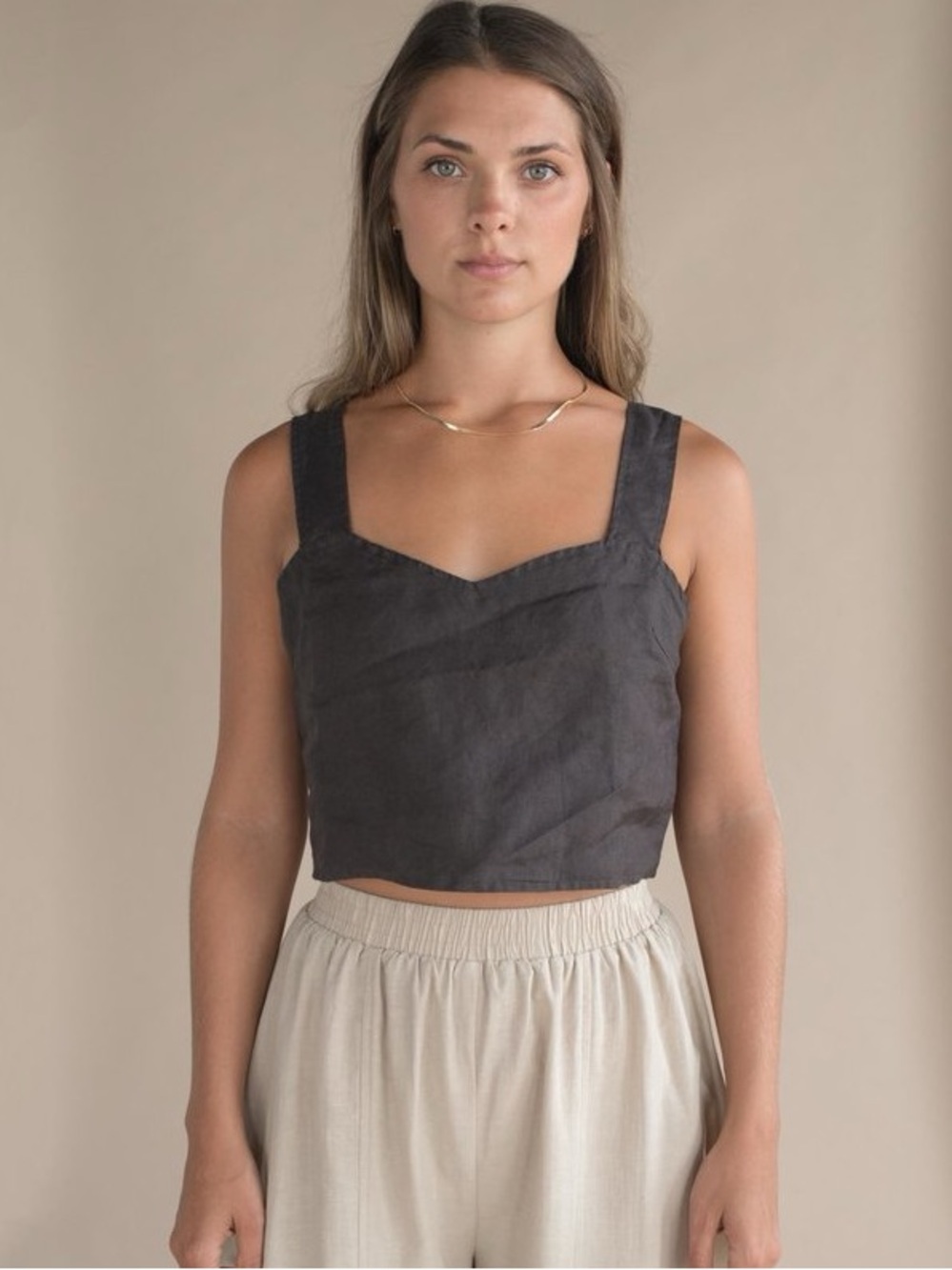 MATE The Label Coco Crop 100% Linen Tank Top Vintage Black XS